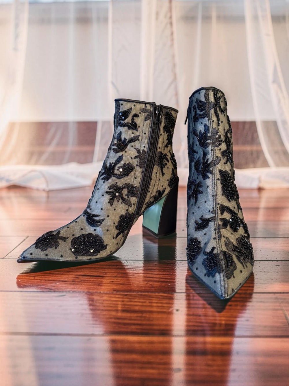 Betsey Johnson Black Beaded Floral Mesh Ankle Boots - Picture 10 of 10